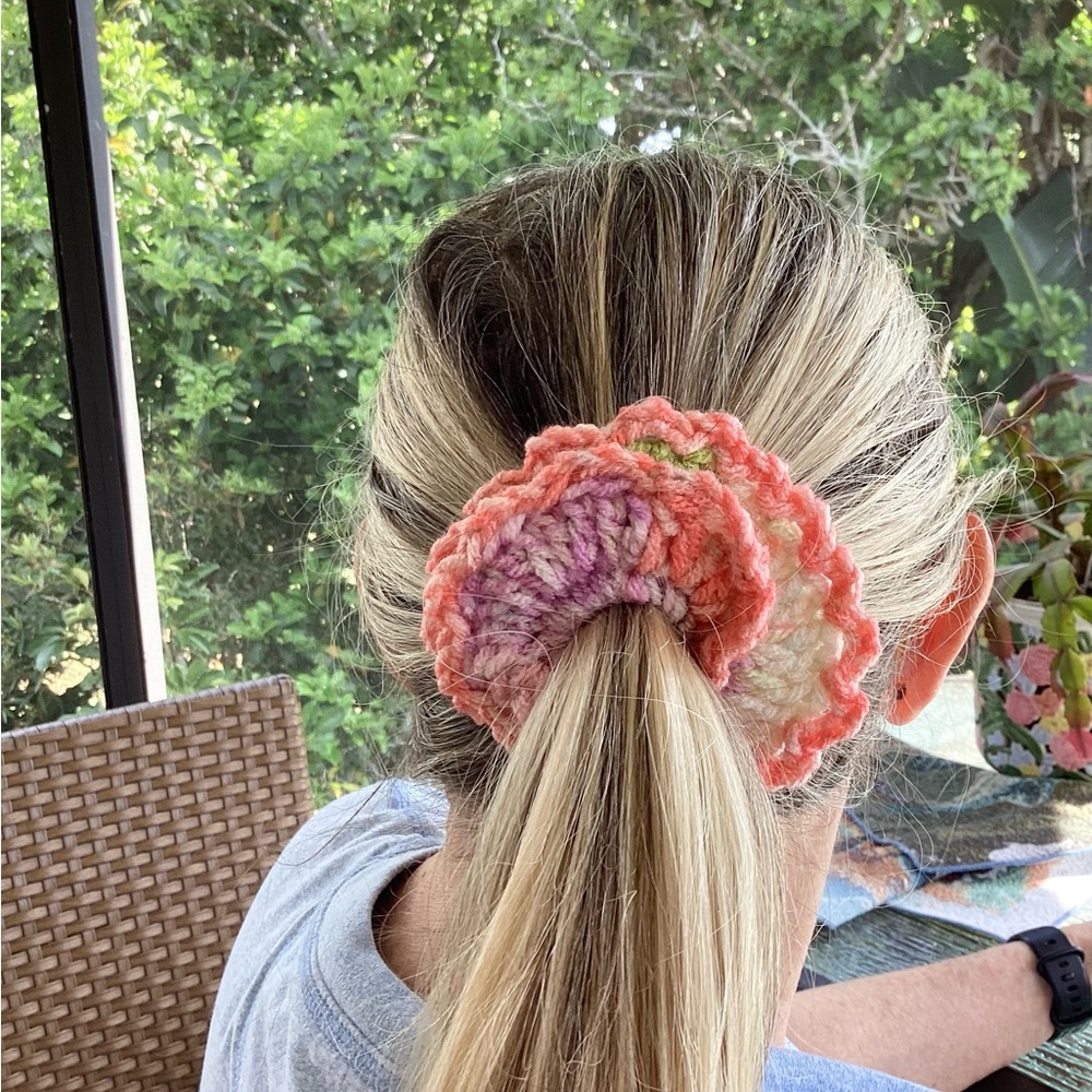 Hair Scrunchy Set Hand Crafted Colorful Spring Summer Crochet Purple Green - Picture 10 of 13